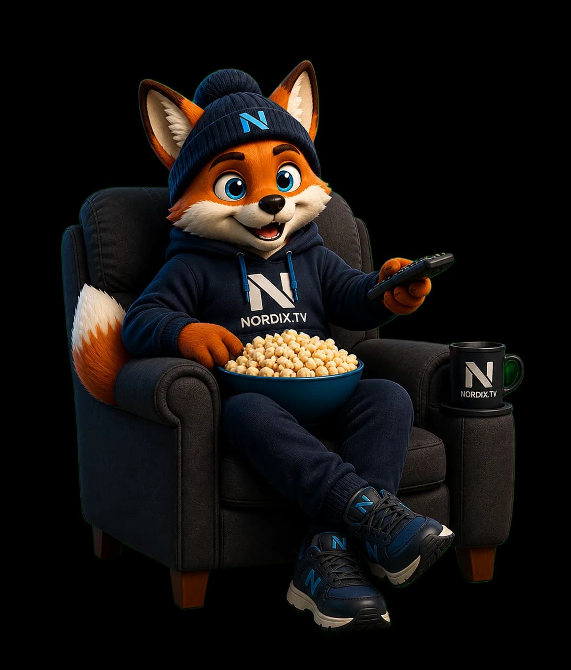 Nordix fox mascot binge-watching TV on a couch