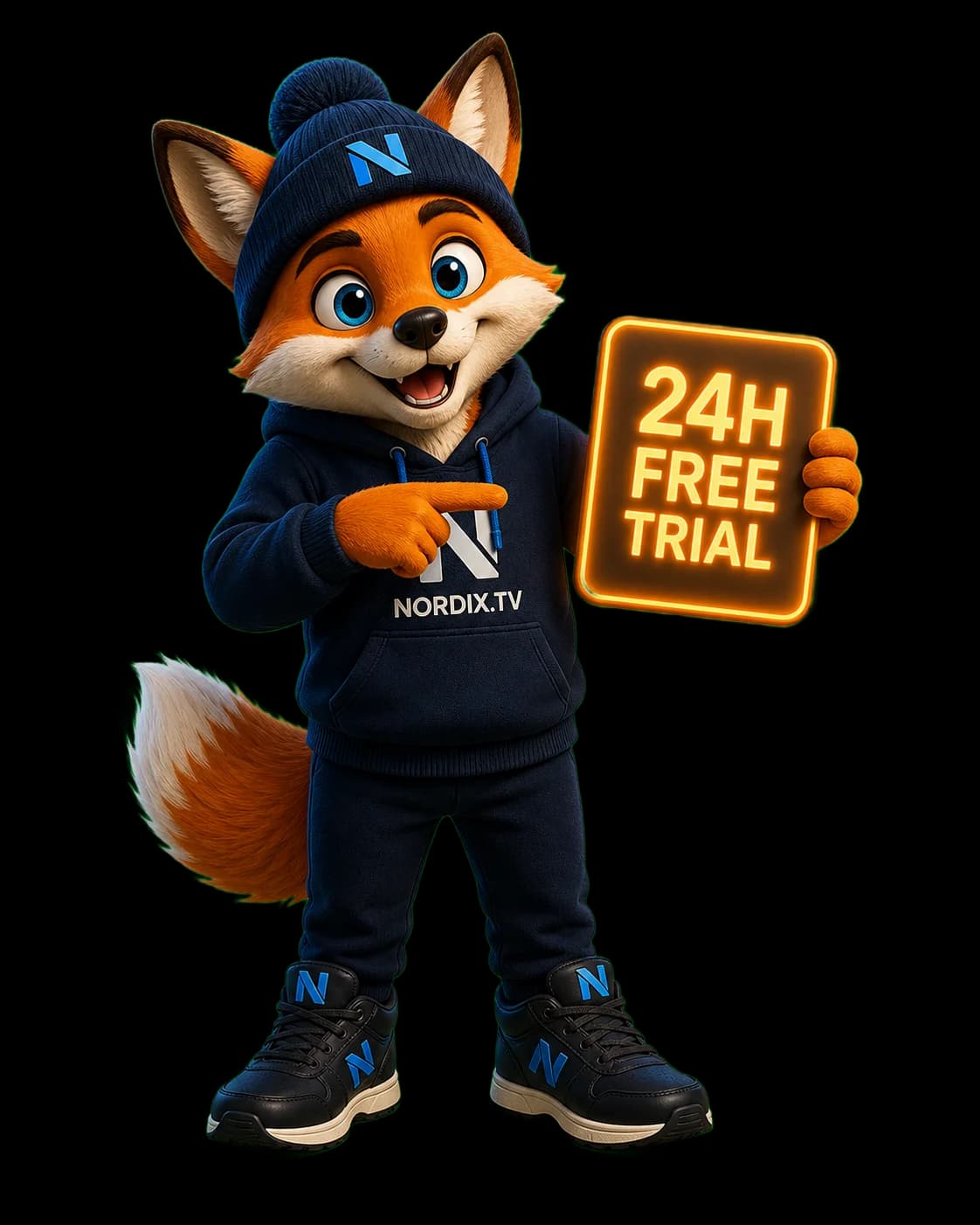 Nordix fox mascot holding a sign that says Free 24-Hour Trial