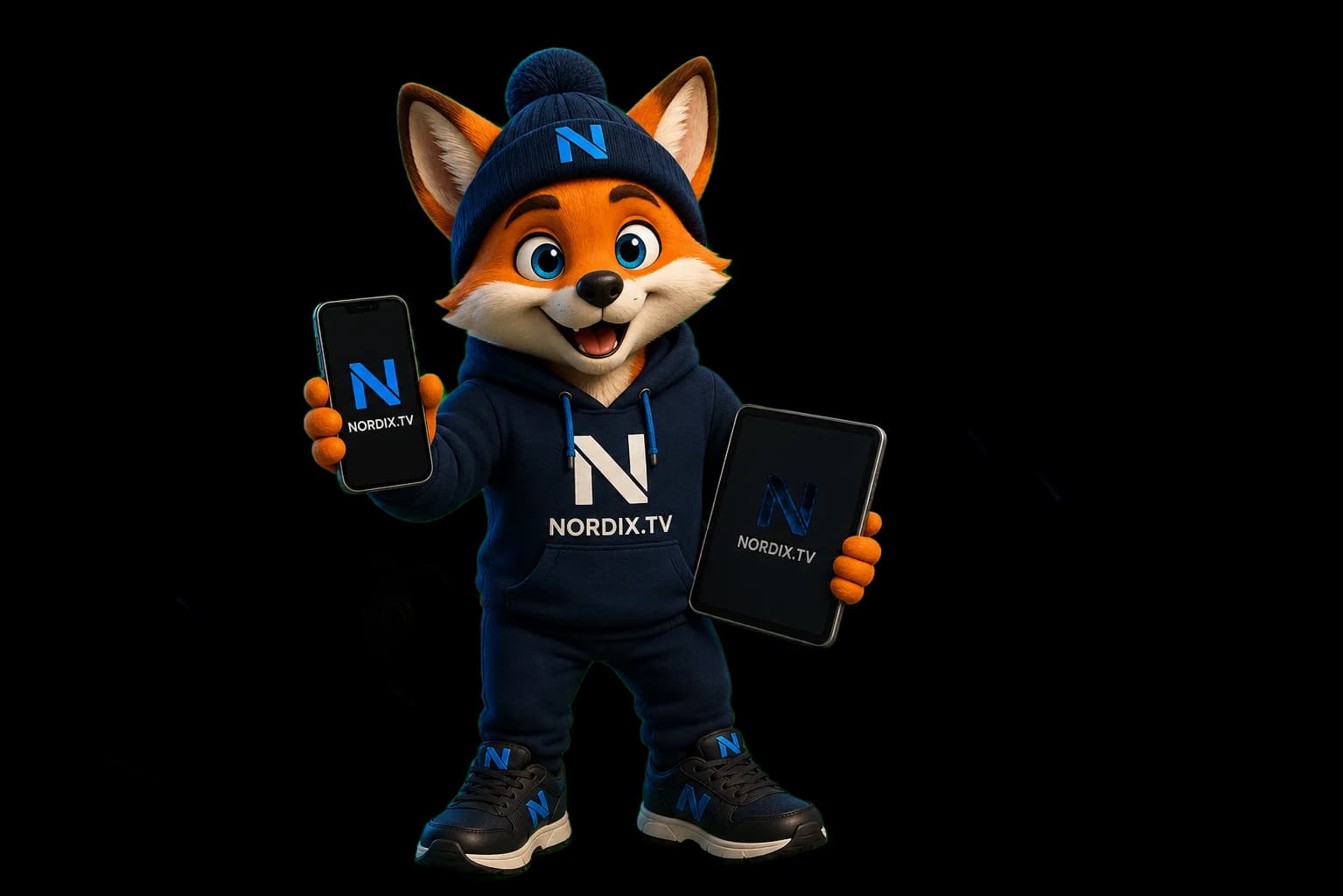 Nordix fox mascot surrounded by TV, phone, tablet and laptop screens